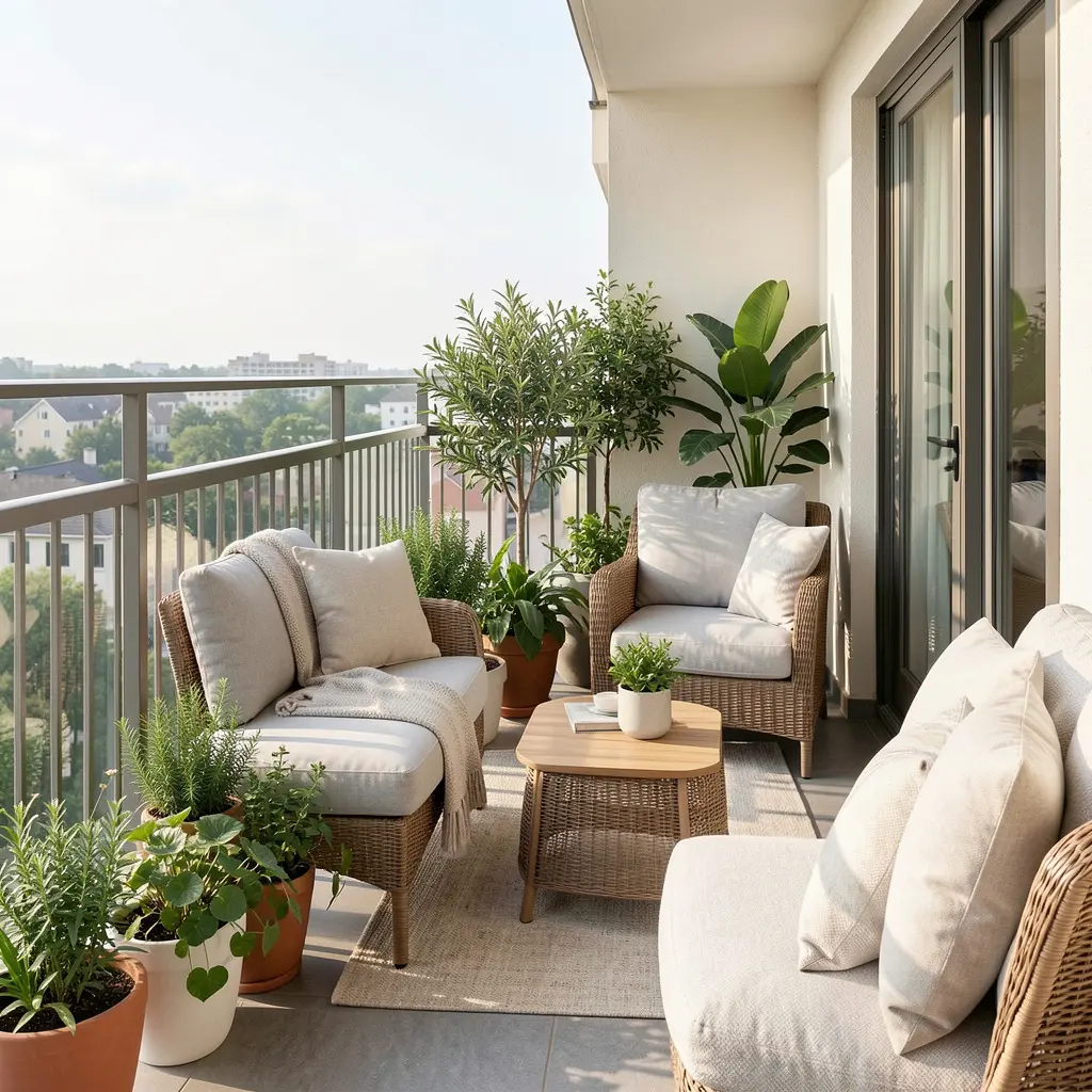 Serene balcony relaxation zone with comfortable seating and plants