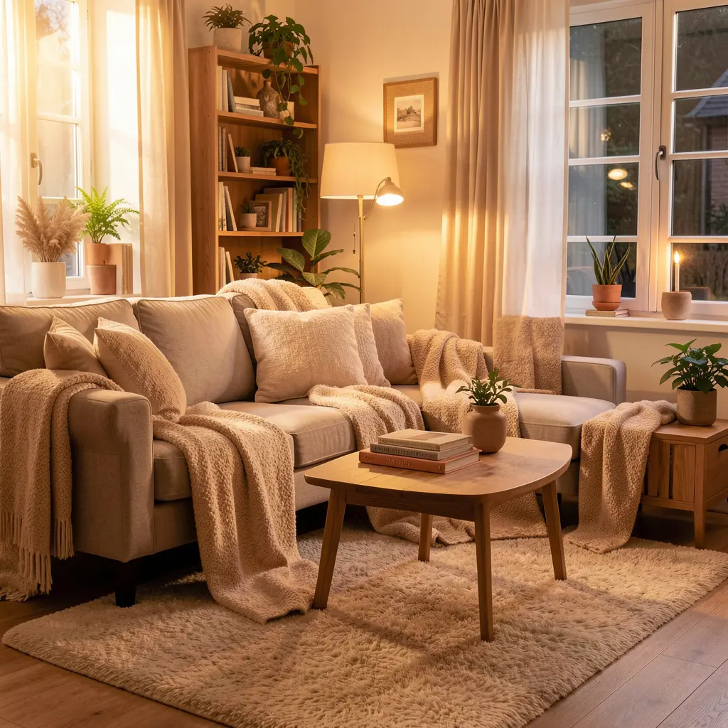 Cozy indoor relaxation space with soft textiles and warm lighting
